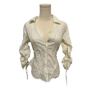 Vintage Office Siren Striped Button Up Shirt Women's Size M Cream Ruched Sleeve